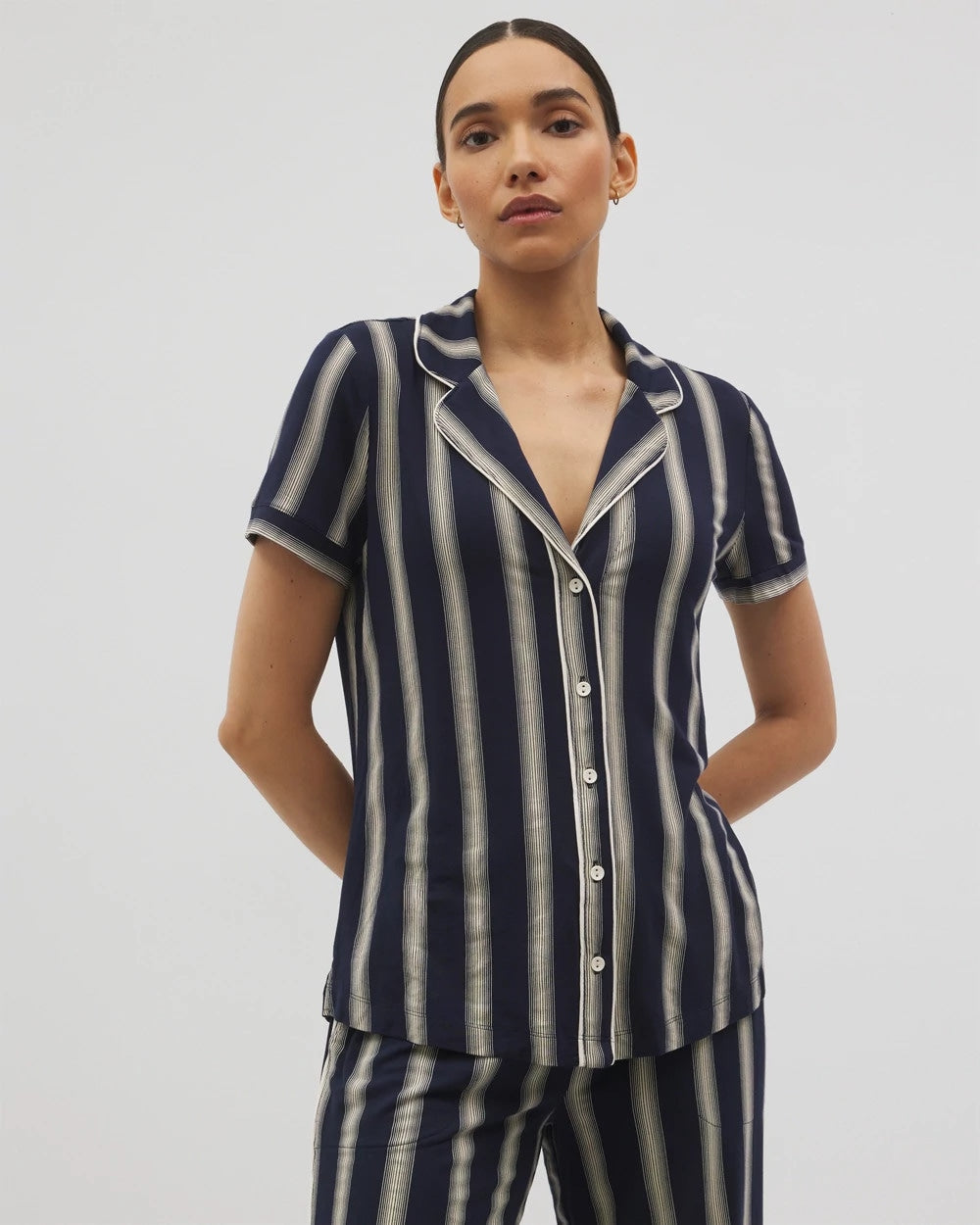 HAMPTON STRIPE NA CHAMP - Piped Short Sleeve Notch Collar Pajama Top