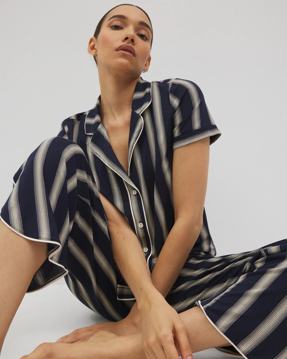 HAMPTON STRIPE NA CHAMP - Piped Short Sleeve Notch Collar Pajama Top