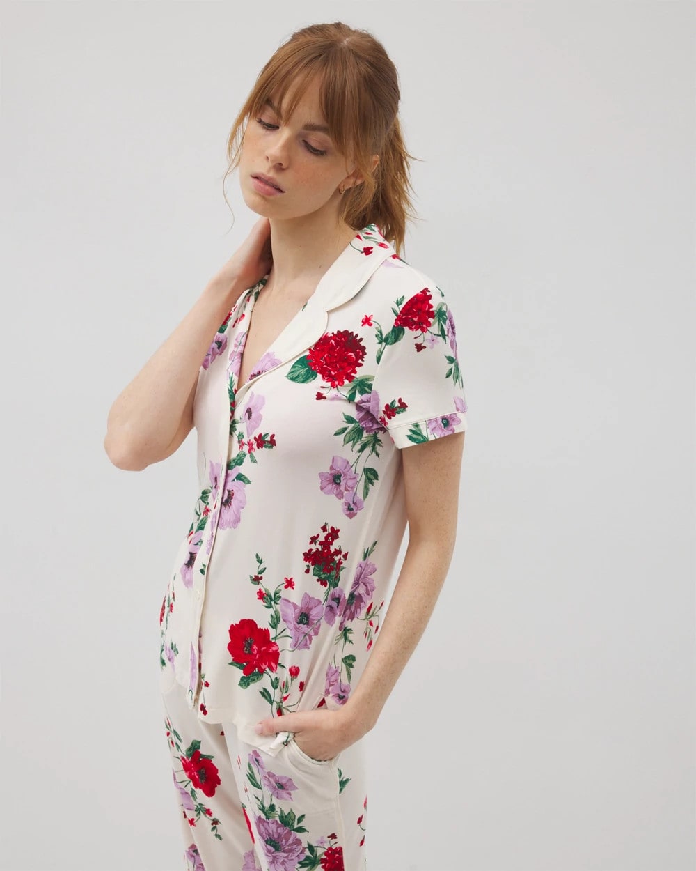 RHAPSODY FLORAL SUGAR - Piped Short Sleeve Notch Collar Pajama Top