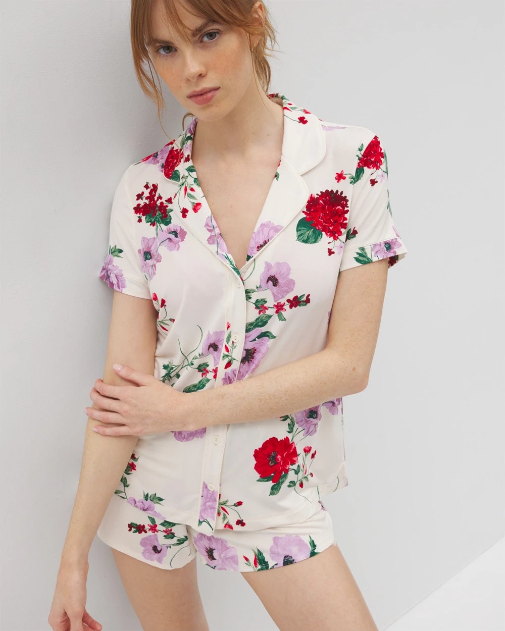 RHAPSODY FLORAL SUGAR - Piped Short Sleeve Notch Collar Pajama Top
