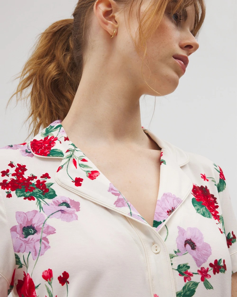 RHAPSODY FLORAL SUGAR - Piped Short Sleeve Notch Collar Pajama Top