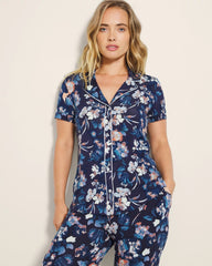 PHANTOM FLORAL NAVY - Piped Short Sleeve Notch Collar Pajama Top