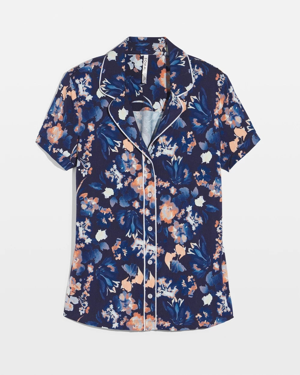 PHANTOM FLORAL NAVY - Piped Short Sleeve Notch Collar Pajama Top