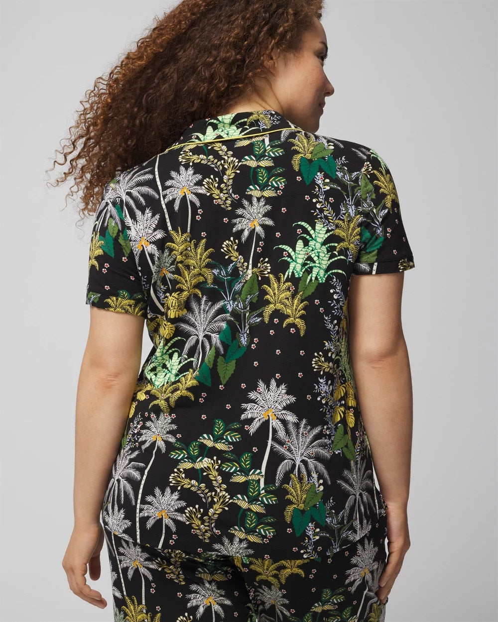OASIS PALMS BLACK/WS - Piped Short Sleeve Notch Collar Pajama Top