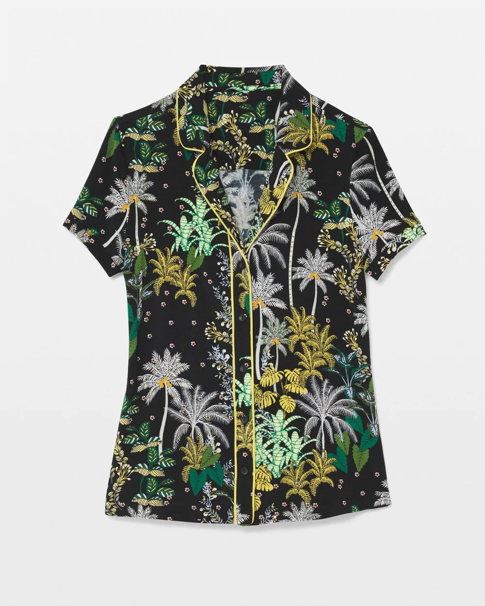OASIS PALMS BLACK/WS - Piped Short Sleeve Notch Collar Pajama Top