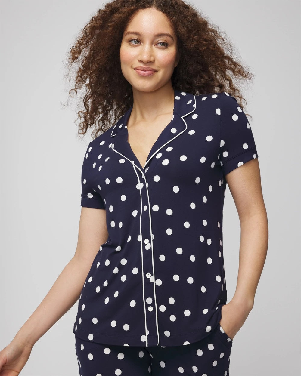 MERRY DOT G NAVY/IVORY - Piped Short Sleeve Notch Collar Pajama Top