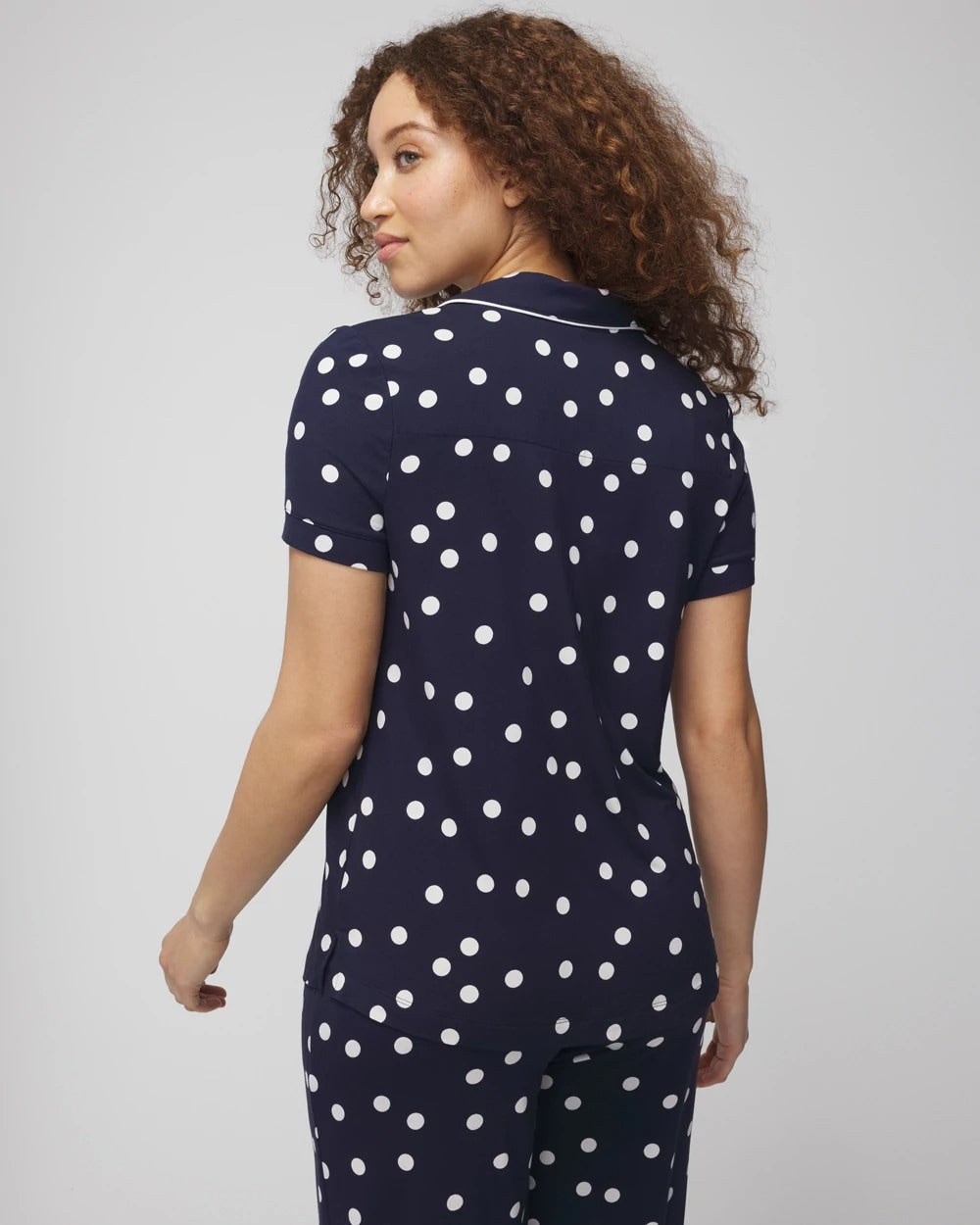 MERRY DOT G NAVY/IVORY - Piped Short Sleeve Notch Collar Pajama Top