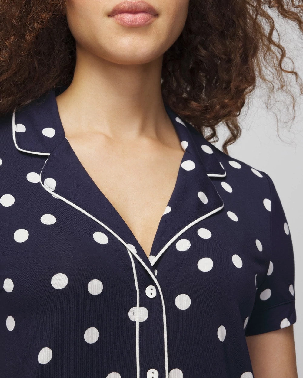 MERRY DOT G NAVY/IVORY - Piped Short Sleeve Notch Collar Pajama Top