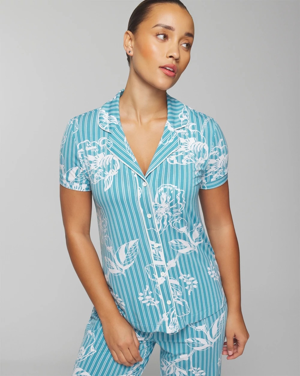 PAINTED PETALS SMALL - Piped Short Sleeve Notch Collar Pajama Top
