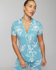 PAINTED PETALS SMALL - Piped Short Sleeve Notch Collar Pajama Top