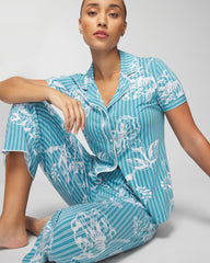 PAINTED PETALS SMALL - Piped Short Sleeve Notch Collar Pajama Top