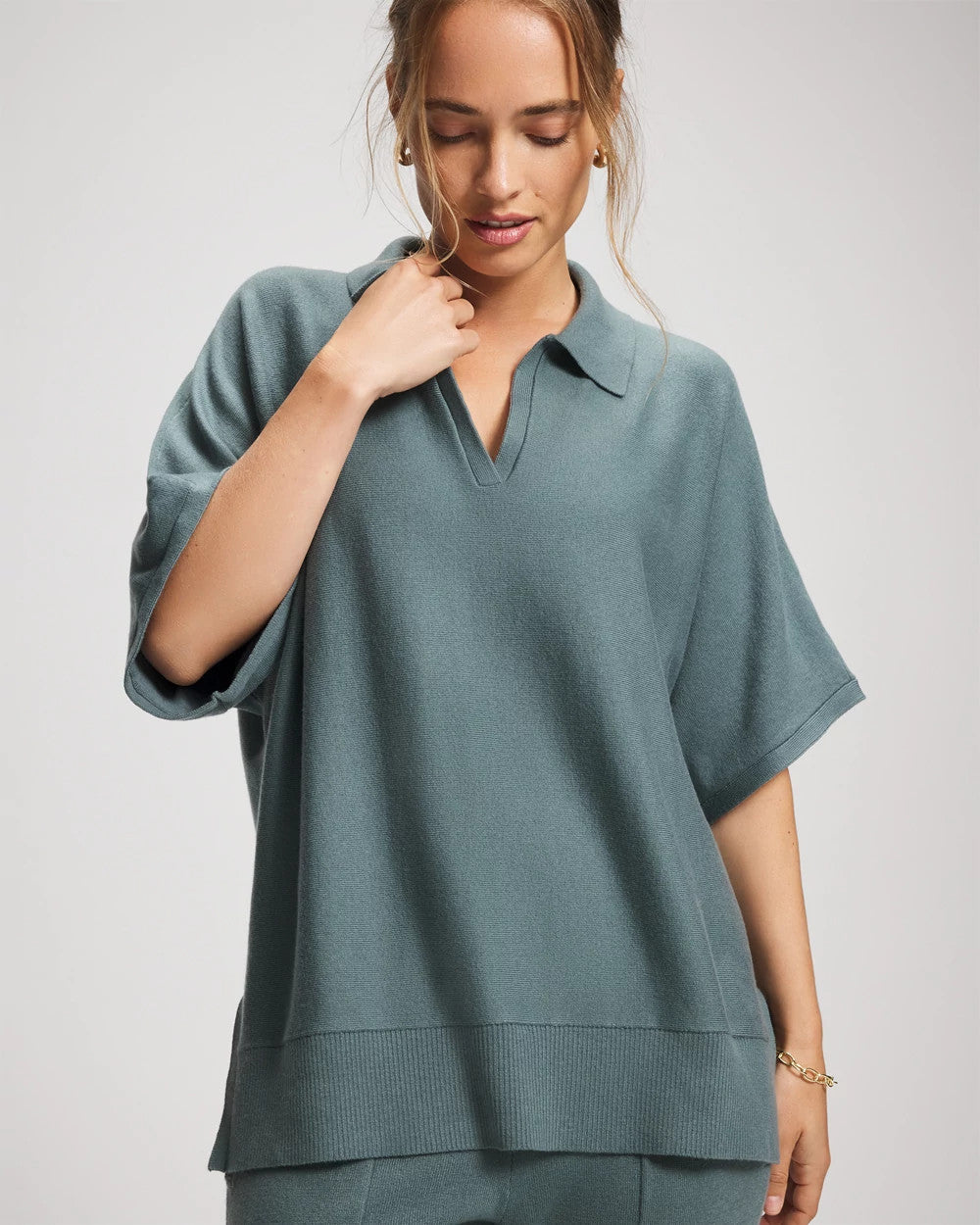 BLUE INSTINCT - Premier Knit Sweater Collared Top