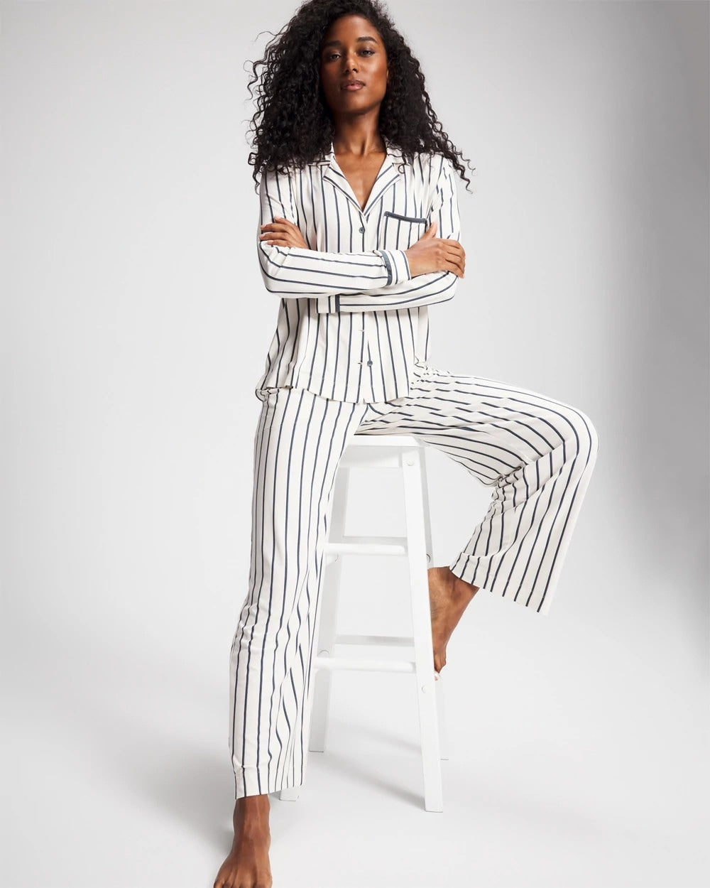 UNWIND STRIPE CHAMPAGNE - Long-Sleeve Notch Collar Pajama Top