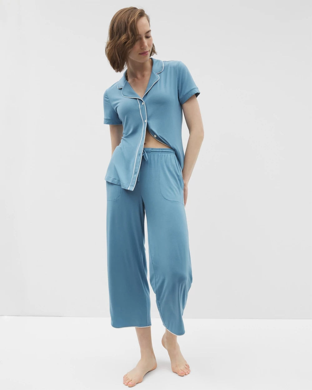 BLUE HEAVEN - Solid Piped Crop Pajama Pant
