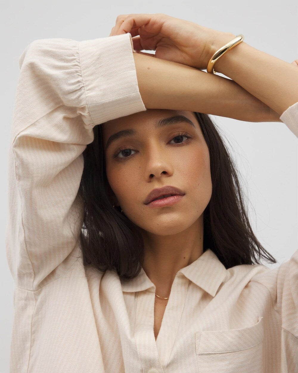 PALE SAND STRIPE - Beach Cotton Long Sleeve Button-Up
