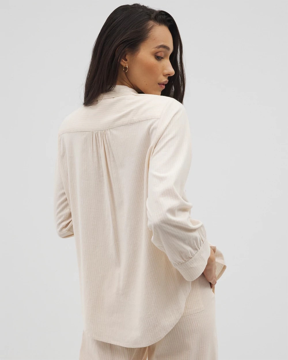 PALE SAND STRIPE - Beach Cotton Long Sleeve Button-Up