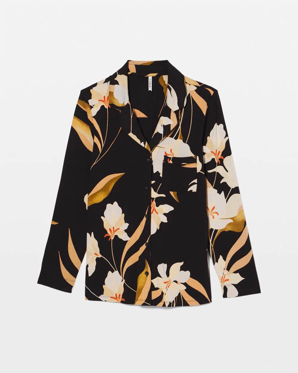 MYSTIC BLOOMS BLACK MID - Long-Sleeve Notch Collar Pajama Top