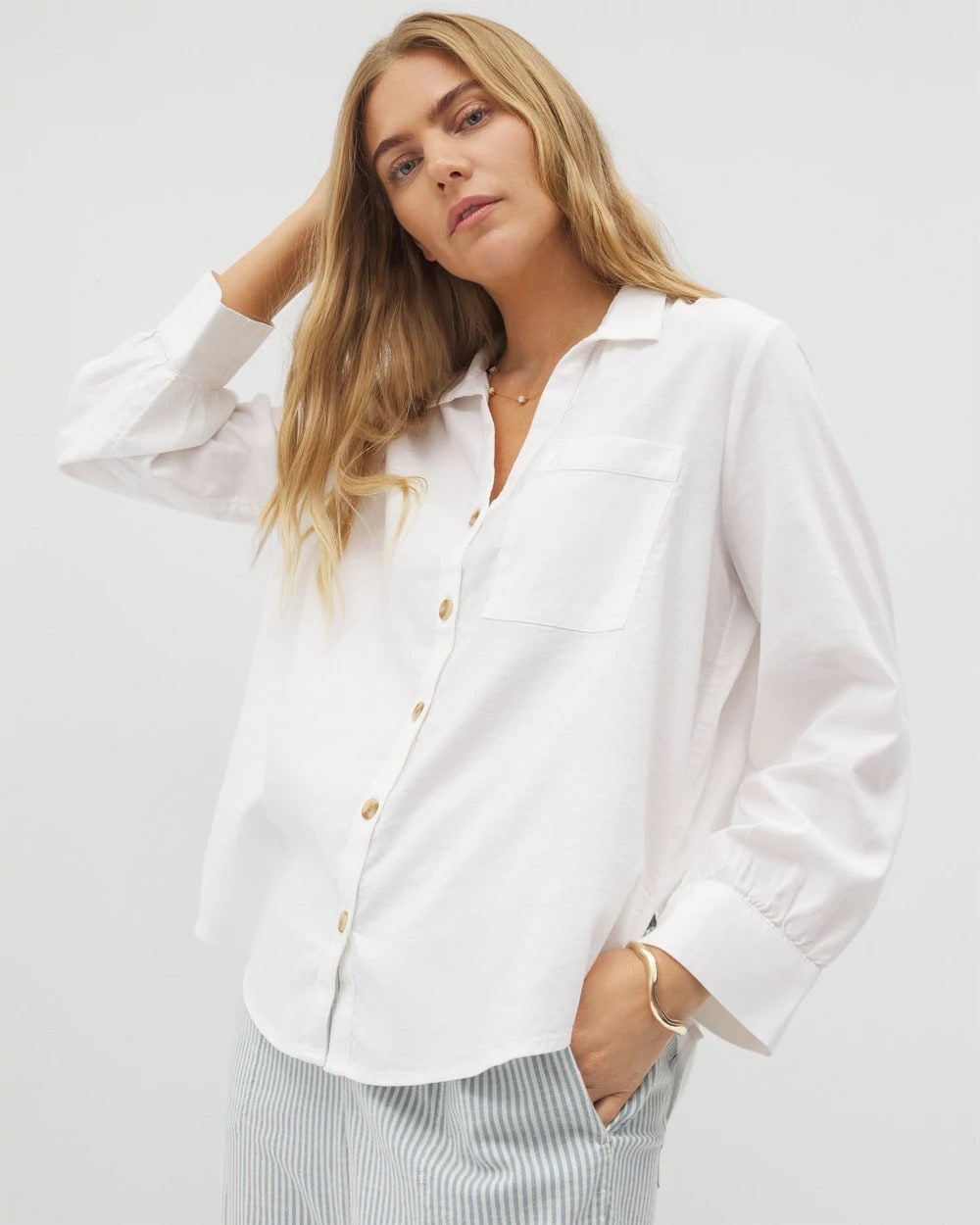 OPTIC WHITE - Beach Cotton Long Sleeve Button-Up