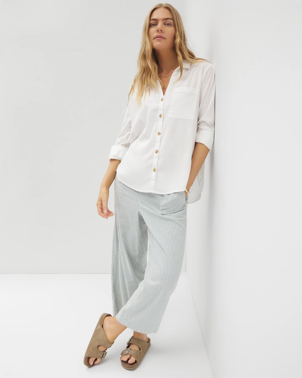 OPTIC WHITE - Beach Cotton Long Sleeve Button-Up
