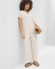 PARCHMENT - Crinkle Knit Short Sleeve V-Neck Hoodie