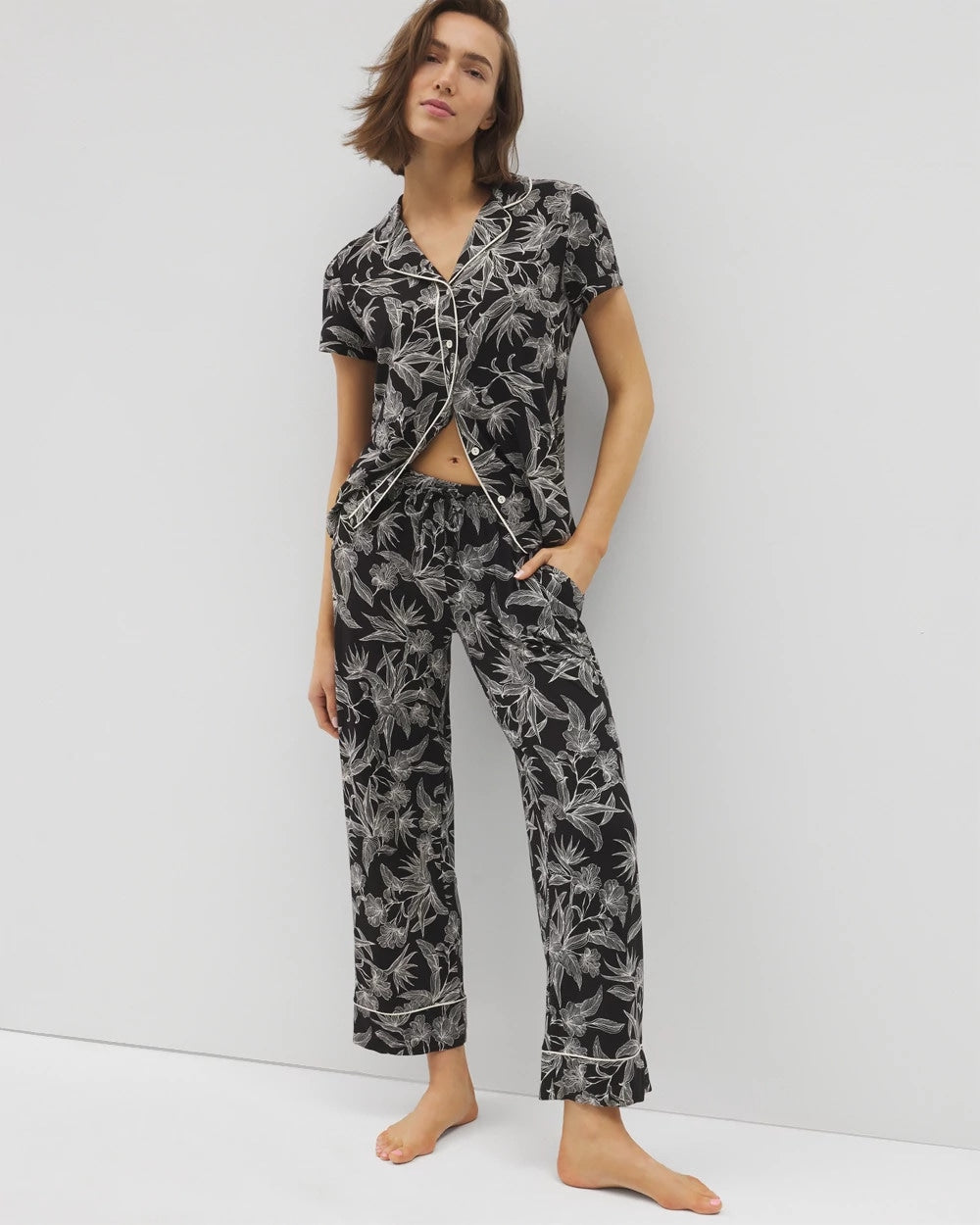 PLUMERIA BLOOMS BLK CH - Printed Pajama Pants