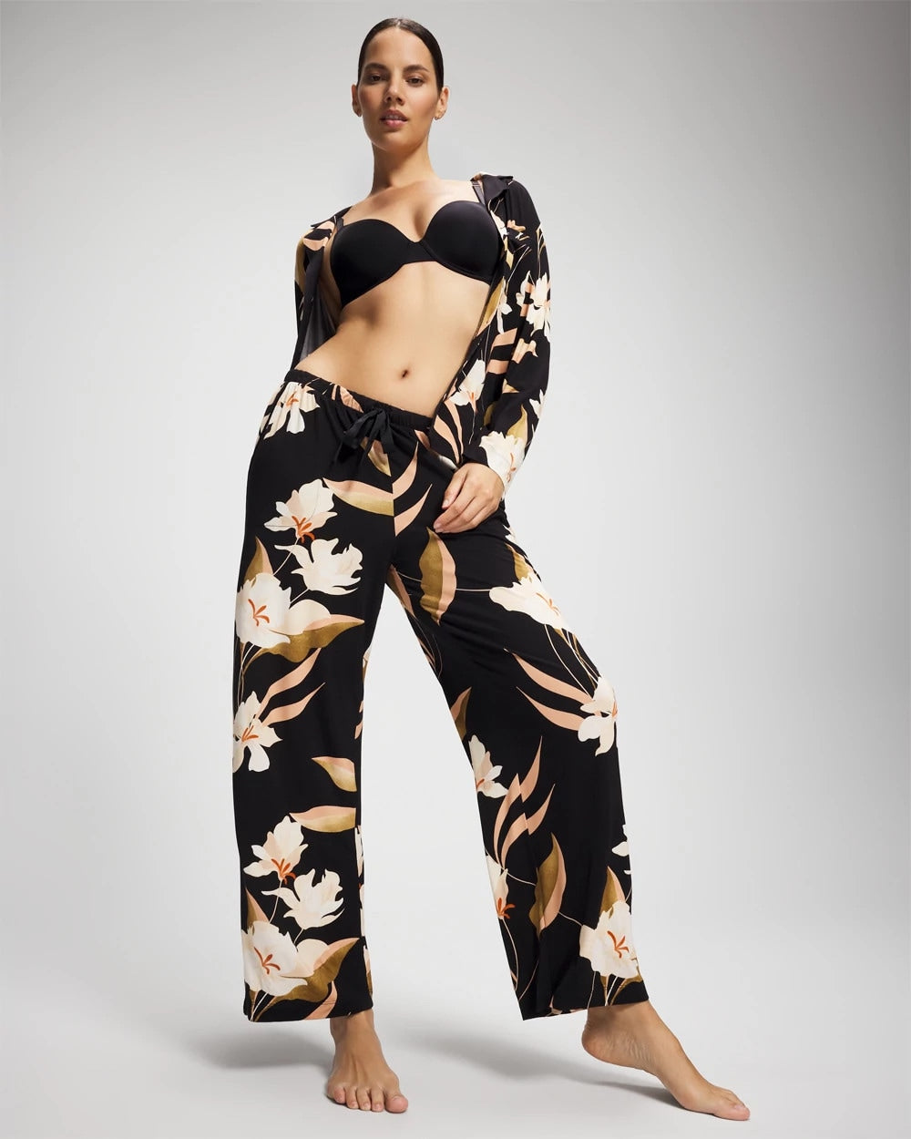 MYSTIC BLOOMS BLACK MID - Satin Trim Pajama Pant
