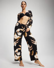MYSTIC BLOOMS BLACK MID - Satin Trim Pajama Pant