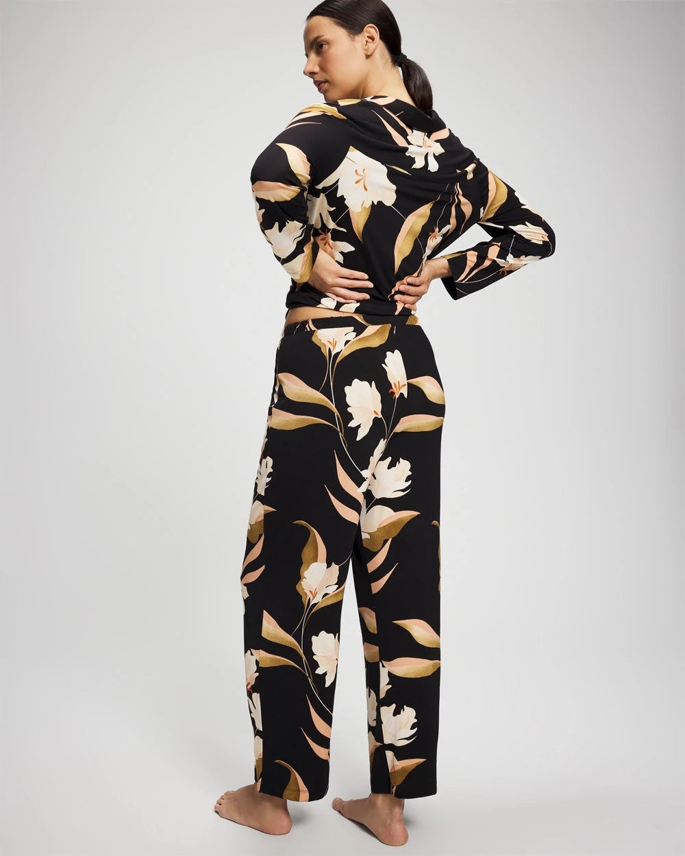 MYSTIC BLOOMS BLACK MID - Satin Trim Pajama Pant