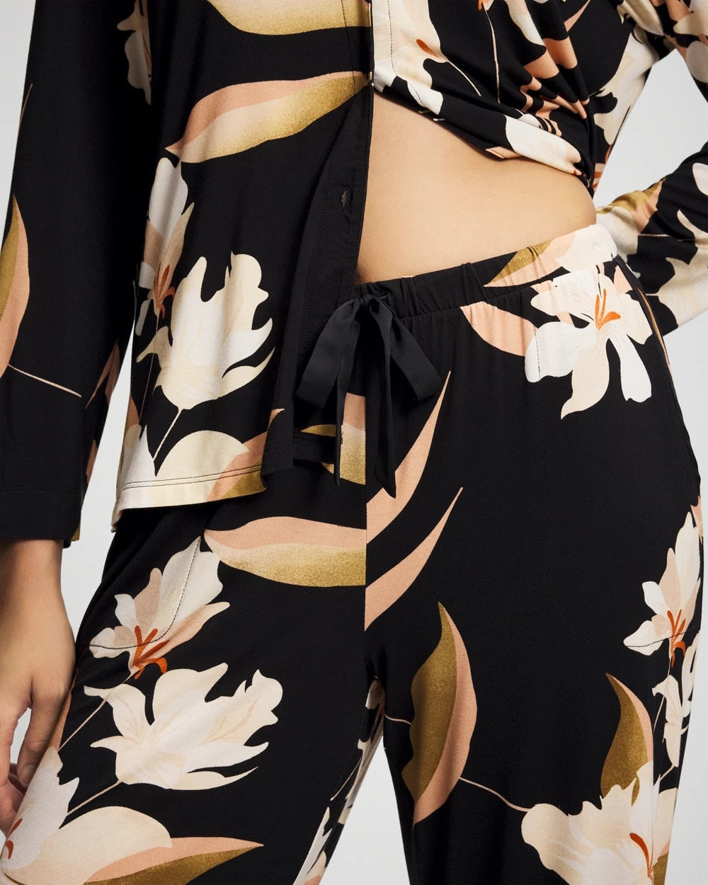 MYSTIC BLOOMS BLACK MID - Satin Trim Pajama Pant