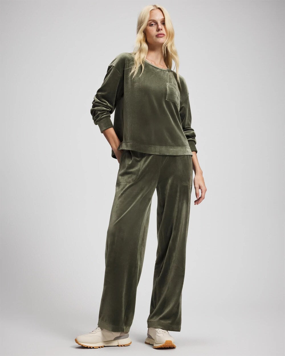 DARK SAGE - Velour Straight Leg Pants
