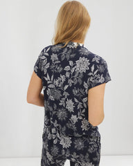 MEANDERING GARDEN NAVY - Mandarin Collar Short Sleeve Pajama Top