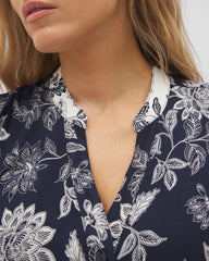 MEANDERING GARDEN NAVY - Mandarin Collar Short Sleeve Pajama Top