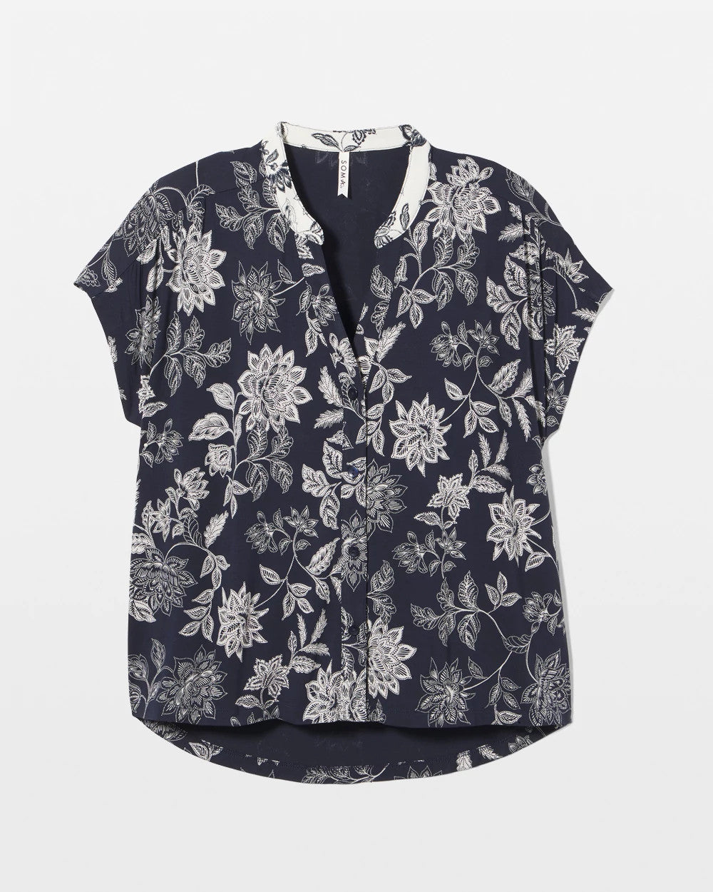 MEANDERING GARDEN NAVY - Mandarin Collar Short Sleeve Pajama Top