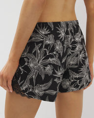 PLUMERIA BLOOMS BLK CH - Lace-Trim Pajama Shorts