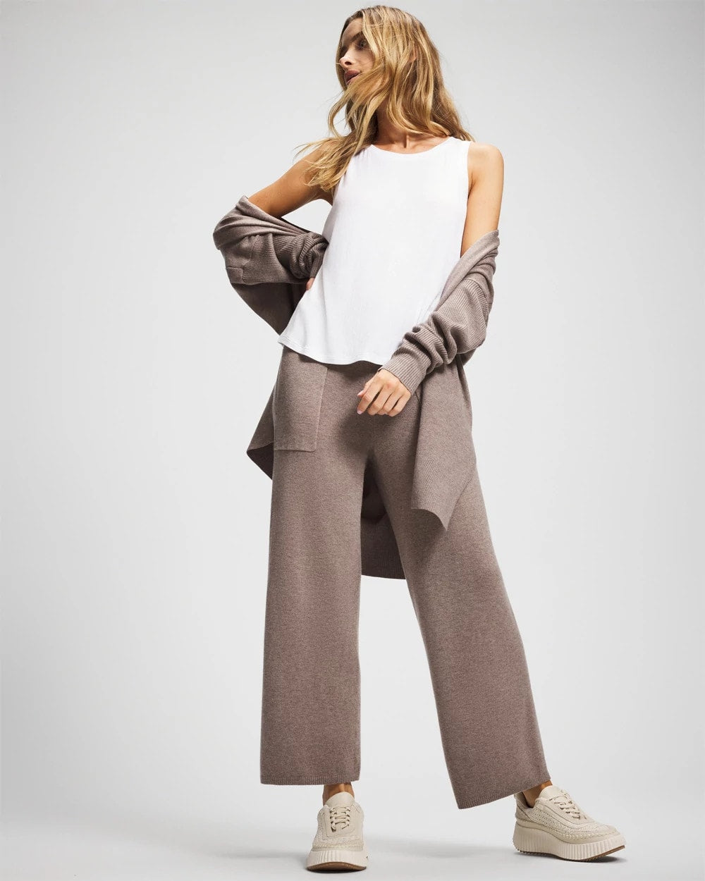 HEATHER FAWN - Premier Knit Sweater Wide Leg Pant