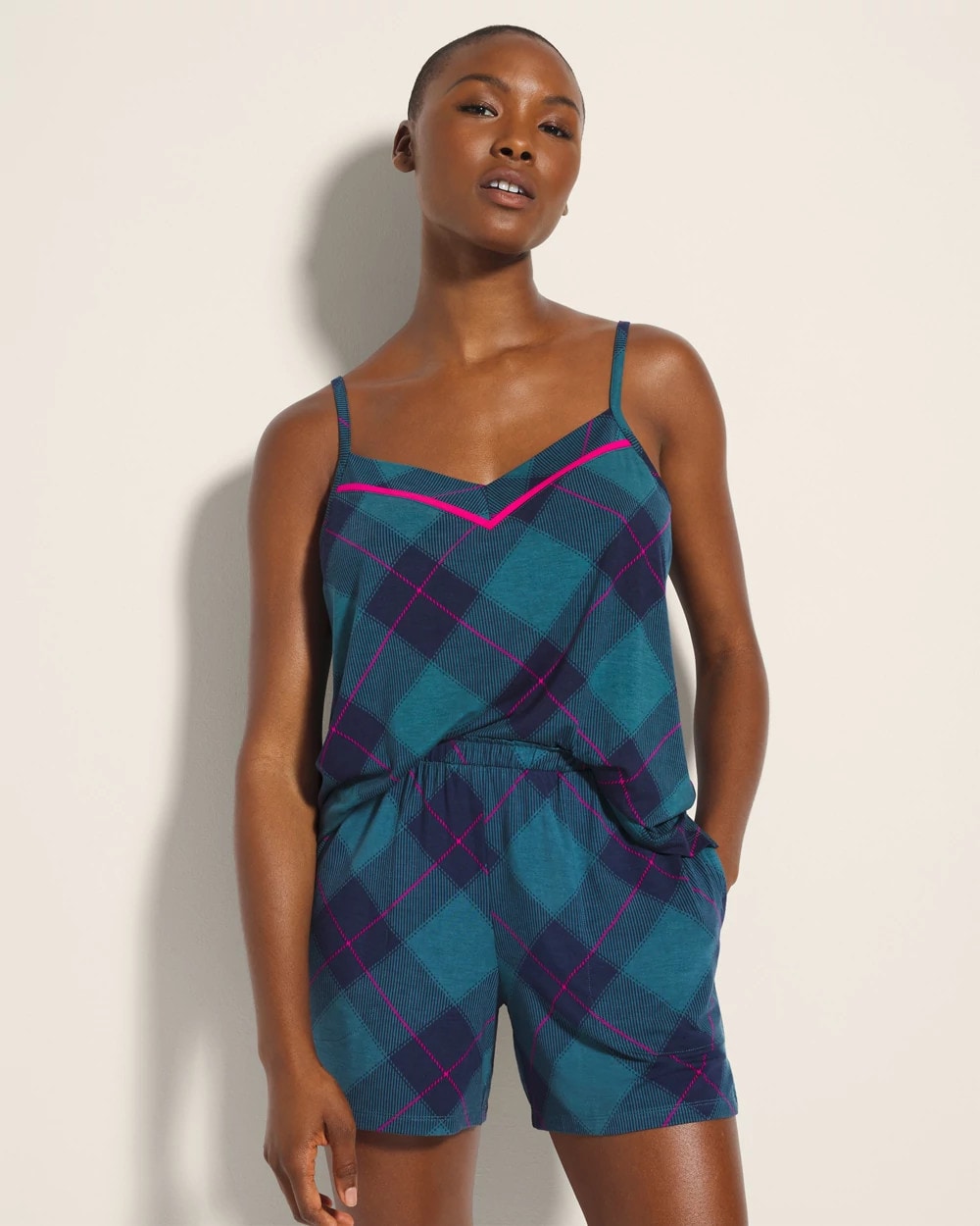 BUNDLE UP PLAID BIAS TEAL - Pajama Shorts
