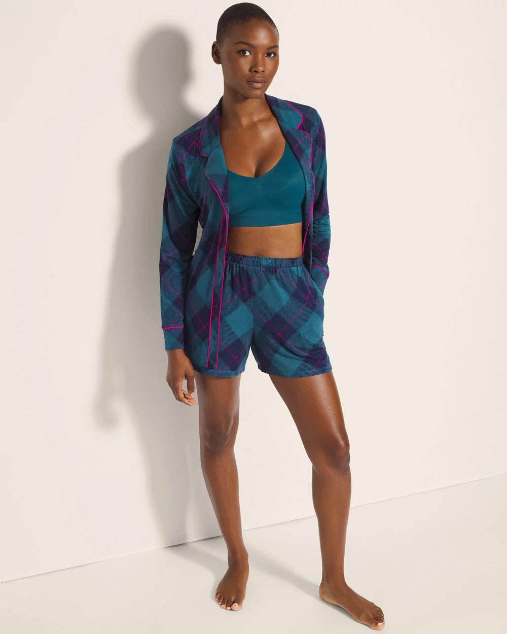 BUNDLE UP PLAID BIAS TEAL - Pajama Shorts