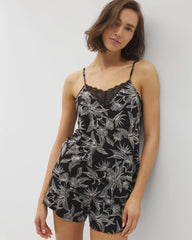PLUMERIA BLOOMS BLK CH - Lace Trim Pajama Cami
