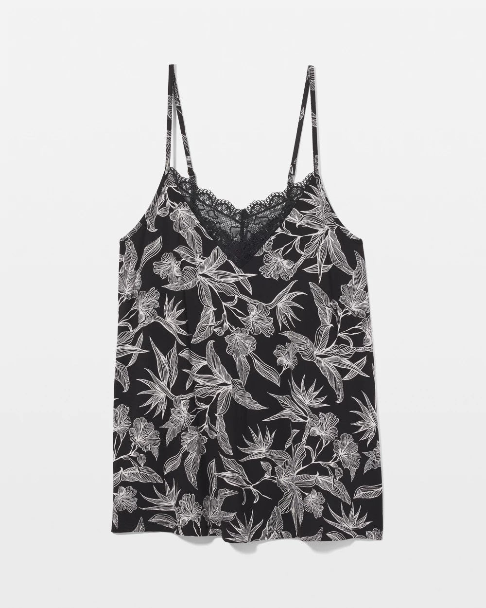 PLUMERIA BLOOMS BLK CH - Lace Trim Pajama Cami
