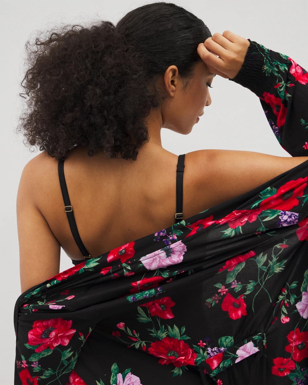 RHAPSODY FLORA BLACK - Long-Sleeve Short Robe