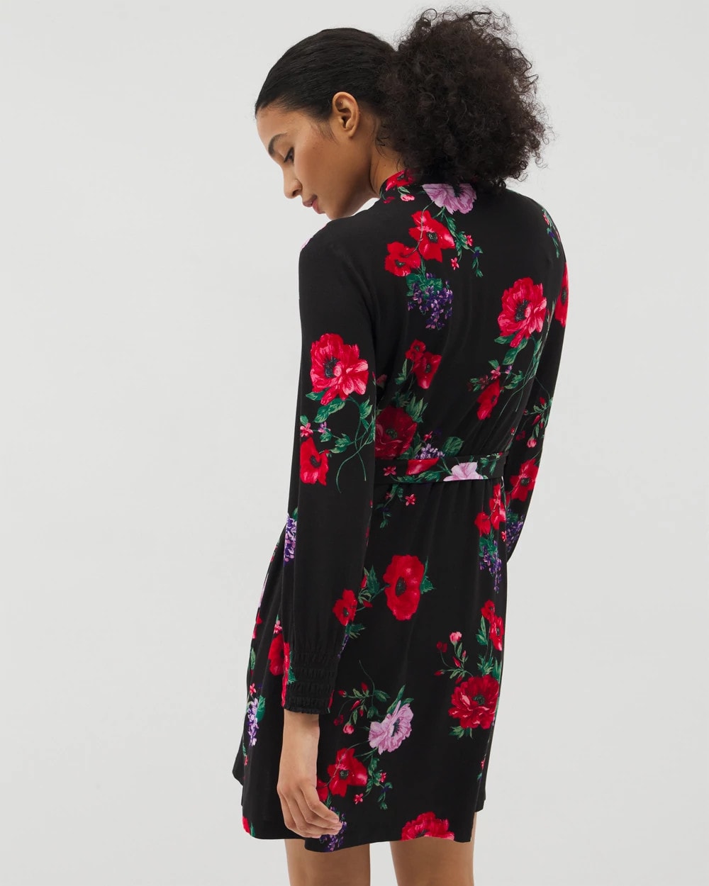 RHAPSODY FLORA BLACK - Long-Sleeve Short Robe