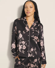 NOSTALGIA FLORA BLACK - Long-Sleeve Notch Collar Pajama Top