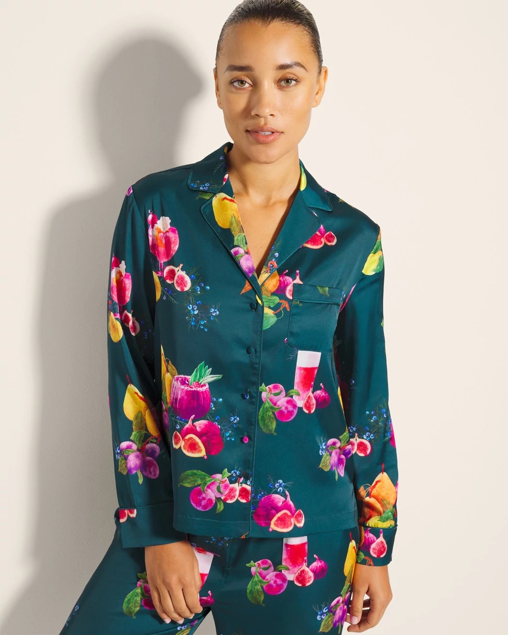 GETTIN FIGGY WITH IT TEAL - Long-Sleeve Notch Collar Pajama Top