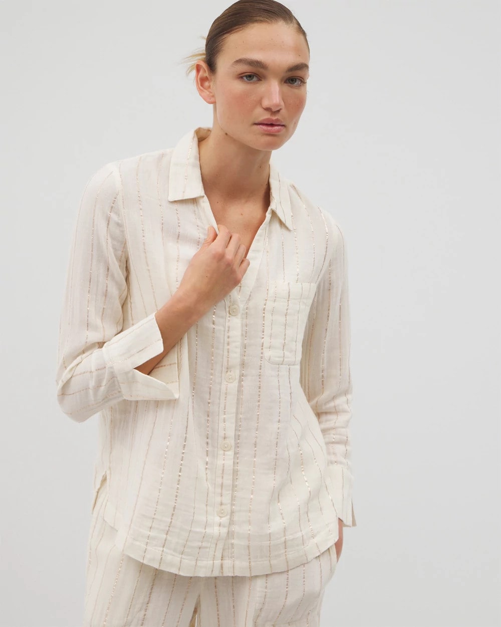 CHAMPAGNE STRIPE - Cotton Gauze Long Sleeve Notch Collar Pajama Top