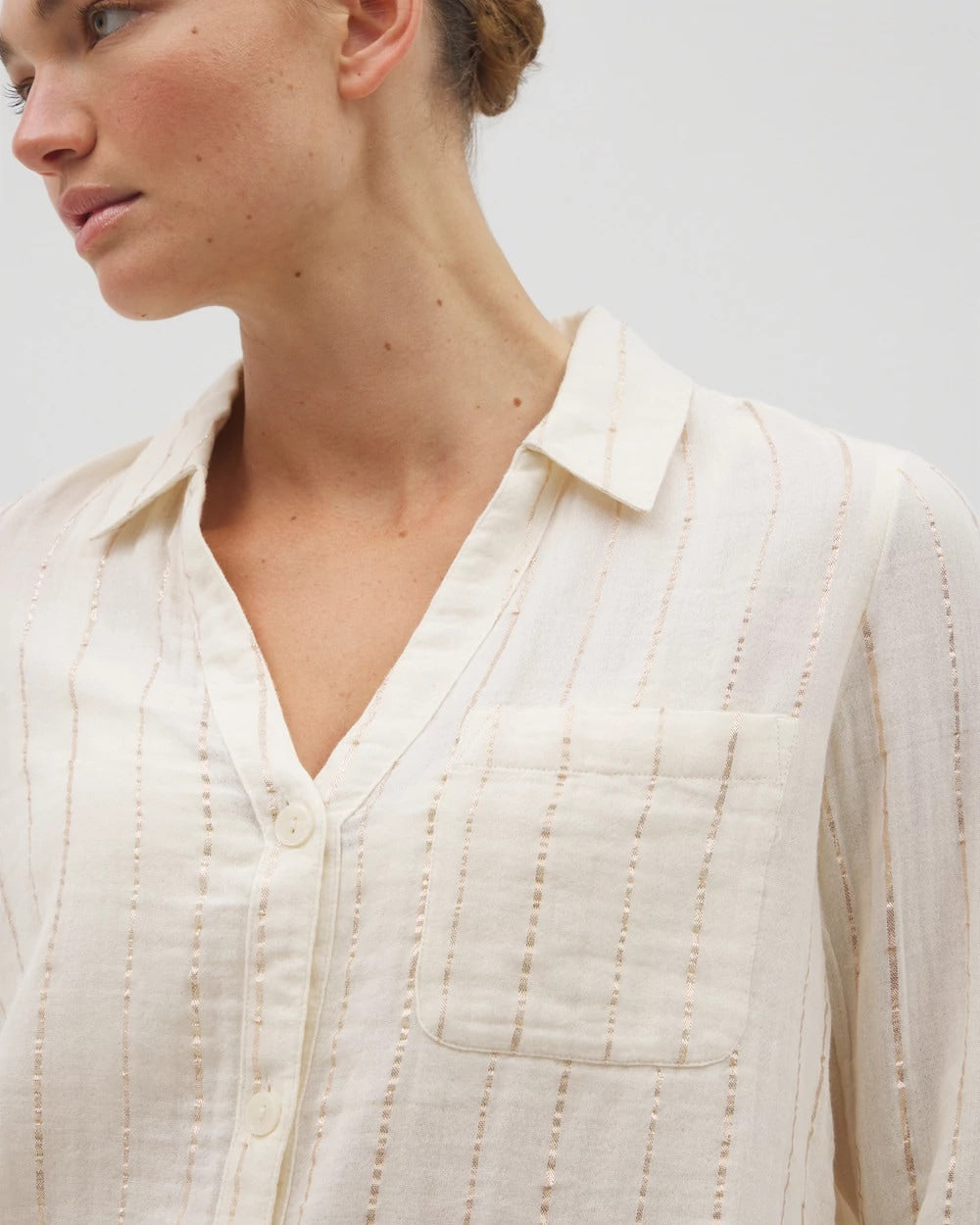 CHAMPAGNE STRIPE - Cotton Gauze Long Sleeve Notch Collar Pajama Top