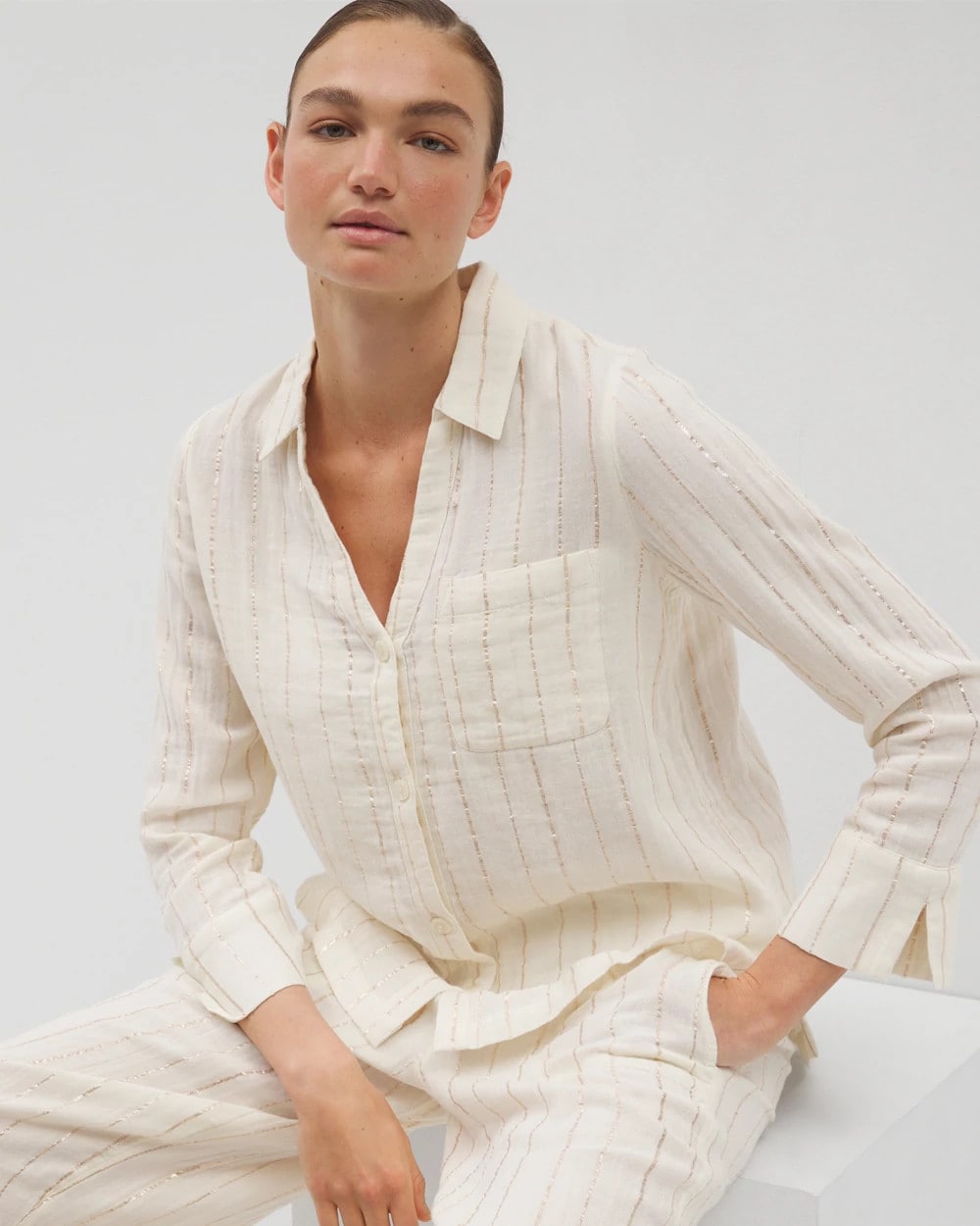 CHAMPAGNE STRIPE - Cotton Gauze Long Sleeve Notch Collar Pajama Top