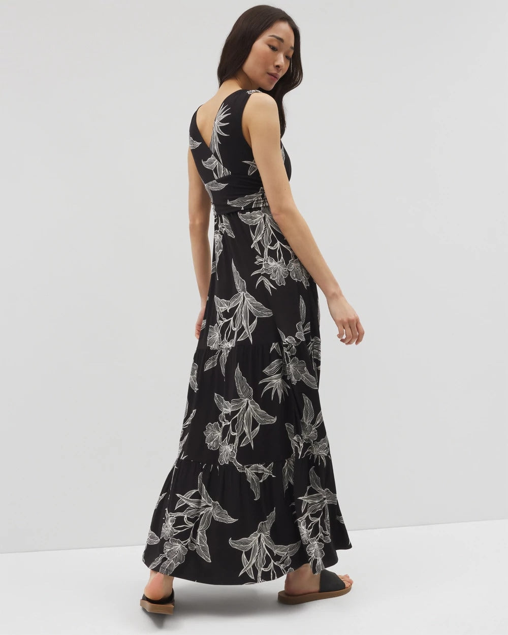 PLUMERIA BLOOMS GRAND BLK - Goddess Tiered Maxi Dress