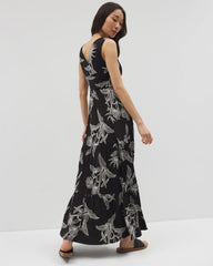 PLUMERIA BLOOMS GRAND BLK - Goddess Tiered Maxi Dress