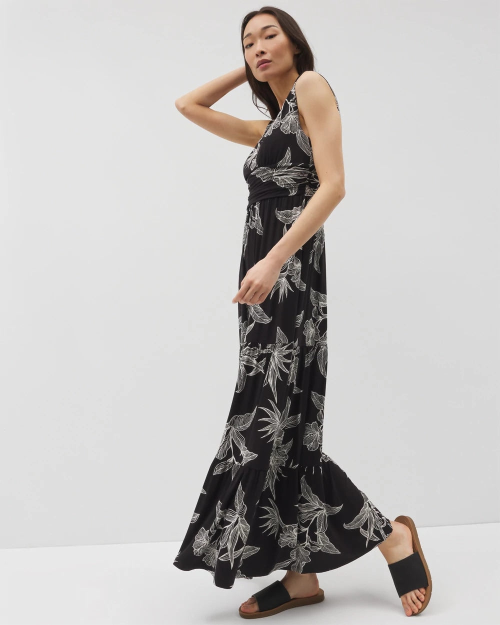 PLUMERIA BLOOMS GRAND BLK - Goddess Tiered Maxi Dress