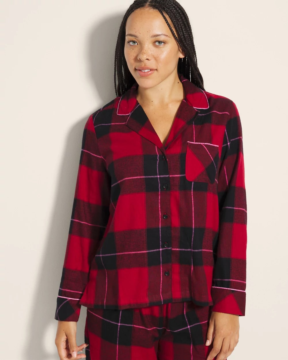 WRAPPED UP PLAID RED - Super Soft Long-Sleeve Notch Collar Pajama Top